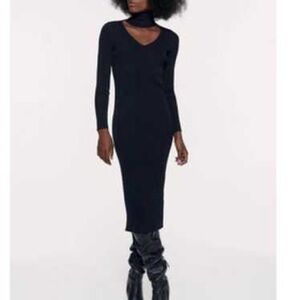Zara Elegant Black Ribbed MIDI Long Sleeve Dress with turtleneck collar.